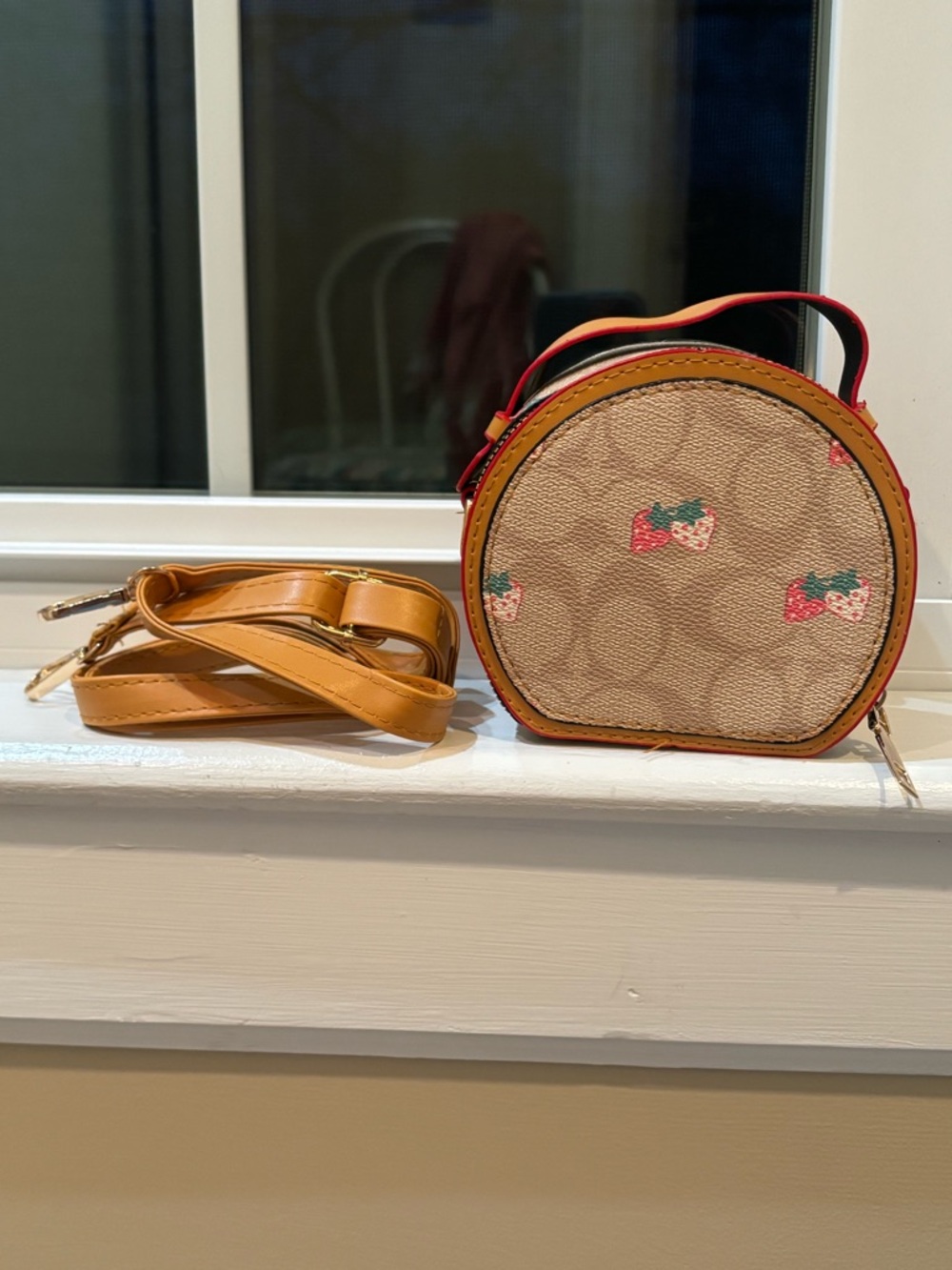 Designer-Inspired Round Crossbody Bag in Tan with Strawberry Print